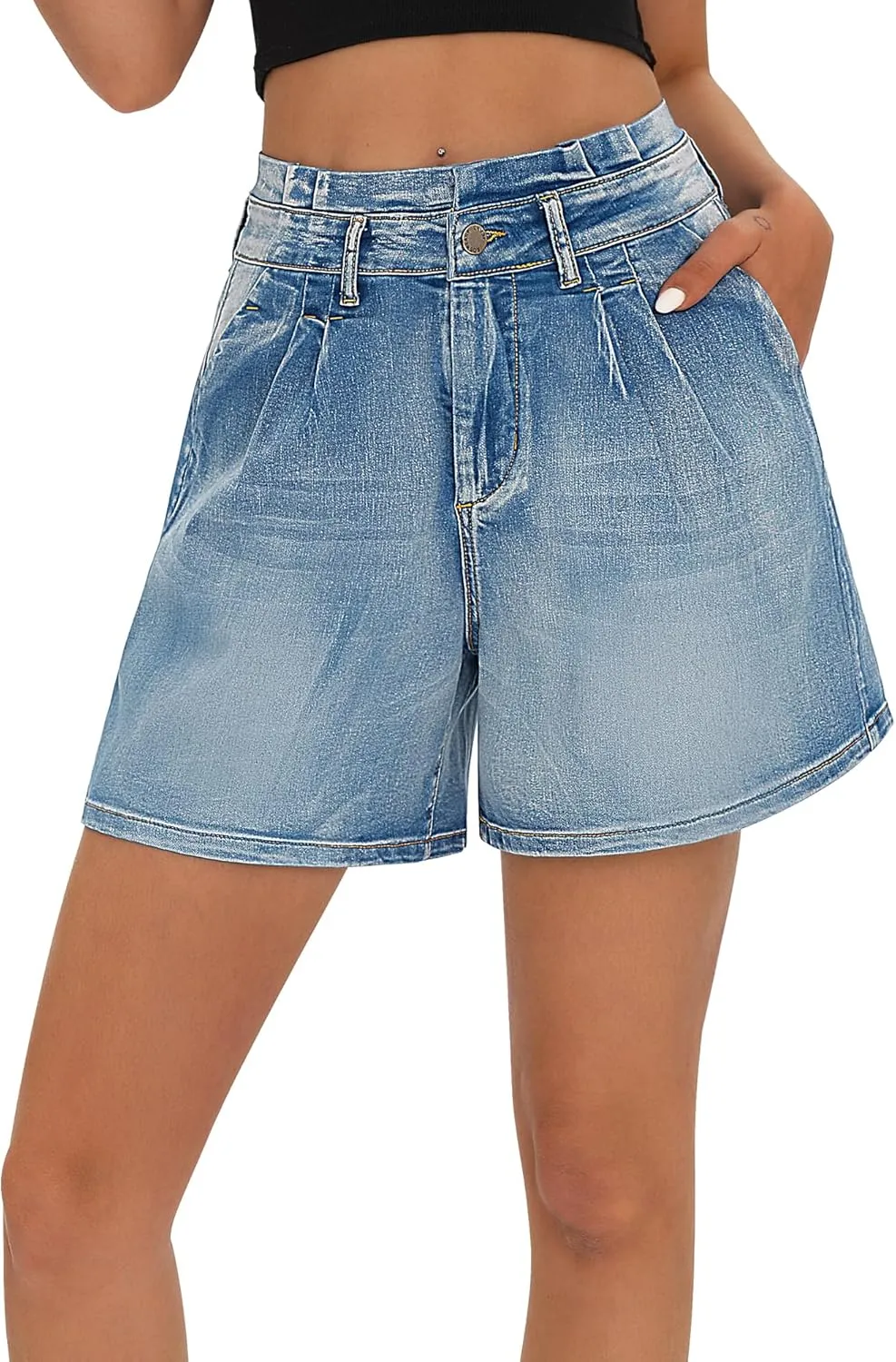 roswear Women’s High Waisted Stretchy Wide Leg Denim Baggy Jean Shorts