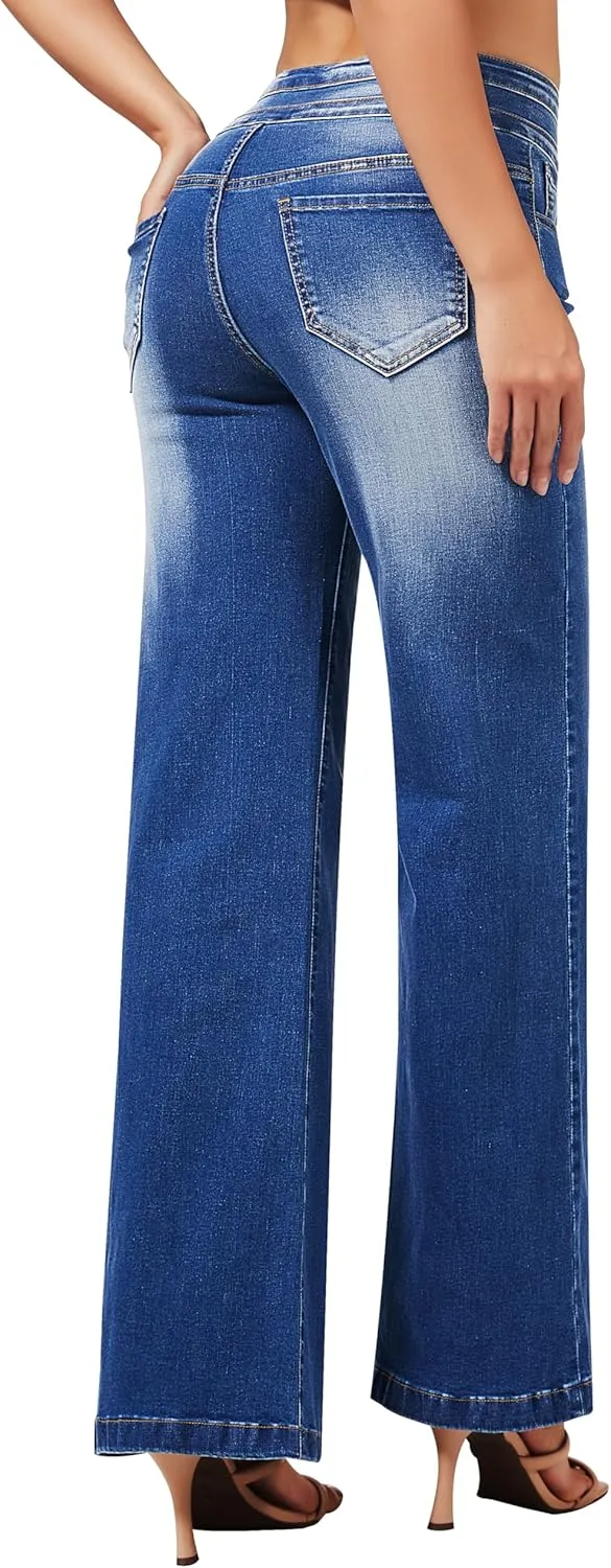 roswear Women's Wide Leg High Waisted Jeans Stretchy Trendy Denim Jeans