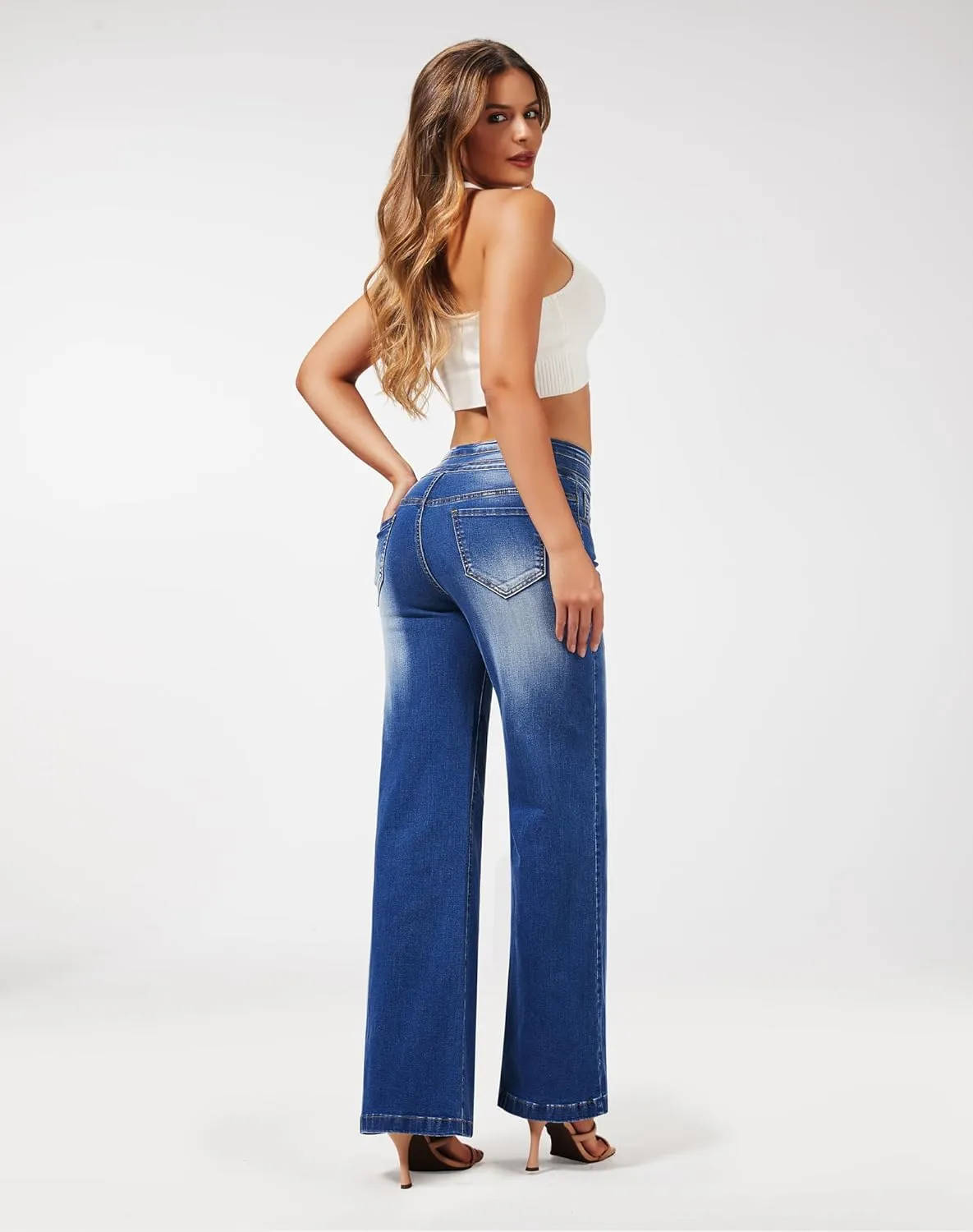 roswear Women's Wide Leg High Waisted Jeans Stretchy Trendy Denim Jeans