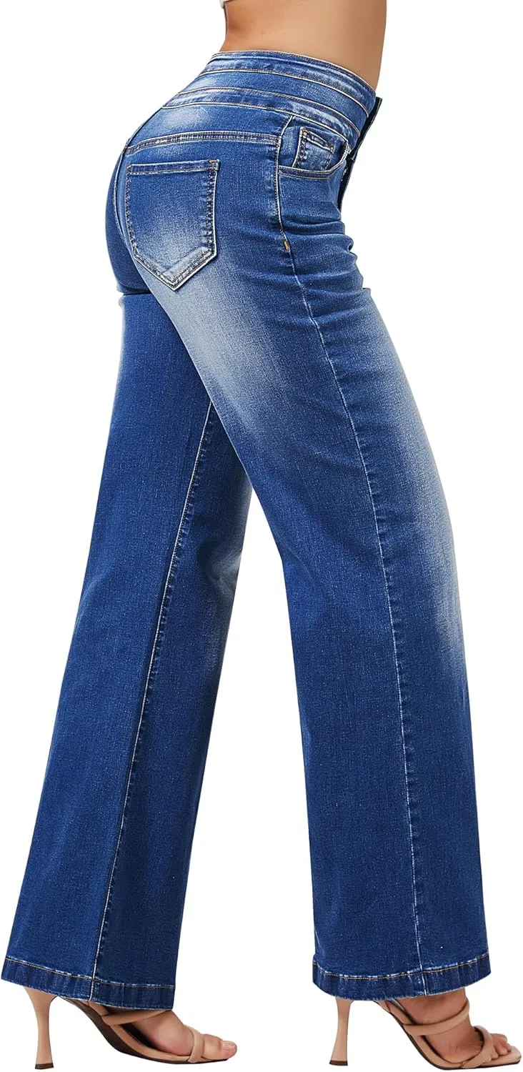 roswear Women's Wide Leg High Waisted Jeans Stretchy Trendy Denim Jeans