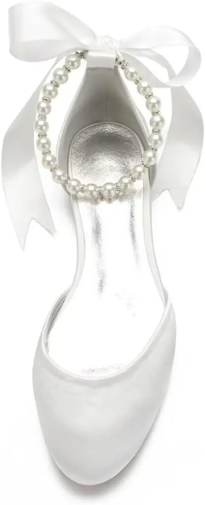 Satin Flats Wedding Shoes Closed Toe Women Pearl Sandals Ankle Strap Bride for Classic Wedding & Party Dress Shoes