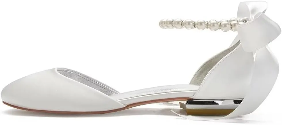 Satin Flats Wedding Shoes Closed Toe Women Pearl Sandals Ankle Strap Bride for Classic Wedding & Party Dress Shoes