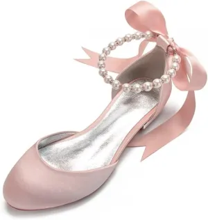 Satin Flats Wedding Shoes Closed Toe Women Pearl Sandals Ankle Strap Bride for Classic Wedding & Party Dress Shoes