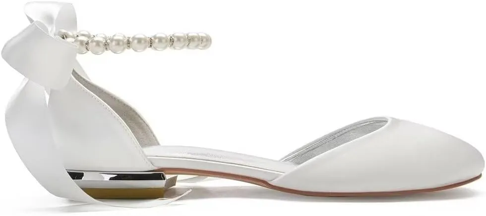 Satin Flats Wedding Shoes Closed Toe Women Pearl Sandals Ankle Strap Bride for Classic Wedding & Party Dress Shoes