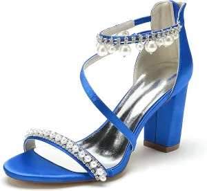 Satin Pearls Block Heel Wedding Shoes for Bride Open Toe Zipper Back Women Chunky Heels Formal Party Dress Heeled Sandals 8.5Cm