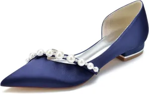 Satin Pearls Wedding Shoes for Bride Flats Pointed Toe Women Formal Prom Party Dress Flats Sandals