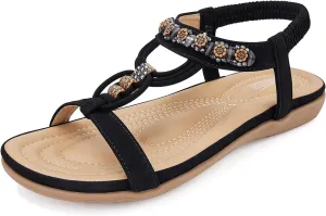 SHIBEVER Womens Sandals Summer Bohemian Flat Sandals Shoes with Elastic Strap Dressy Sandal