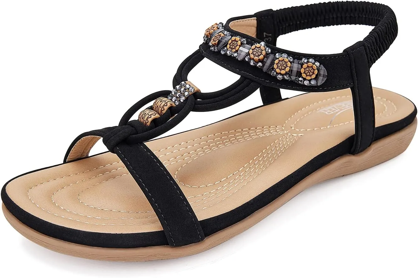 SHIBEVER Womens Sandals Summer Bohemian Flat Sandals Shoes with Elastic Strap Dressy Sandal