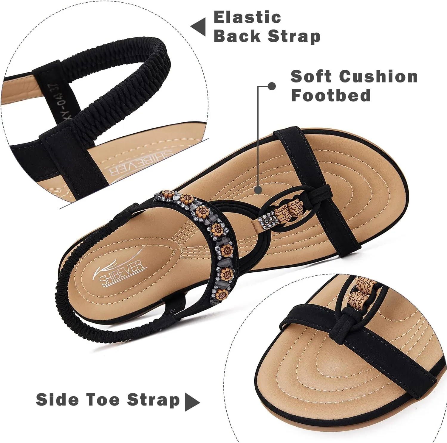 SHIBEVER Womens Sandals Summer Bohemian Flat Sandals Shoes with Elastic Strap Dressy Sandal