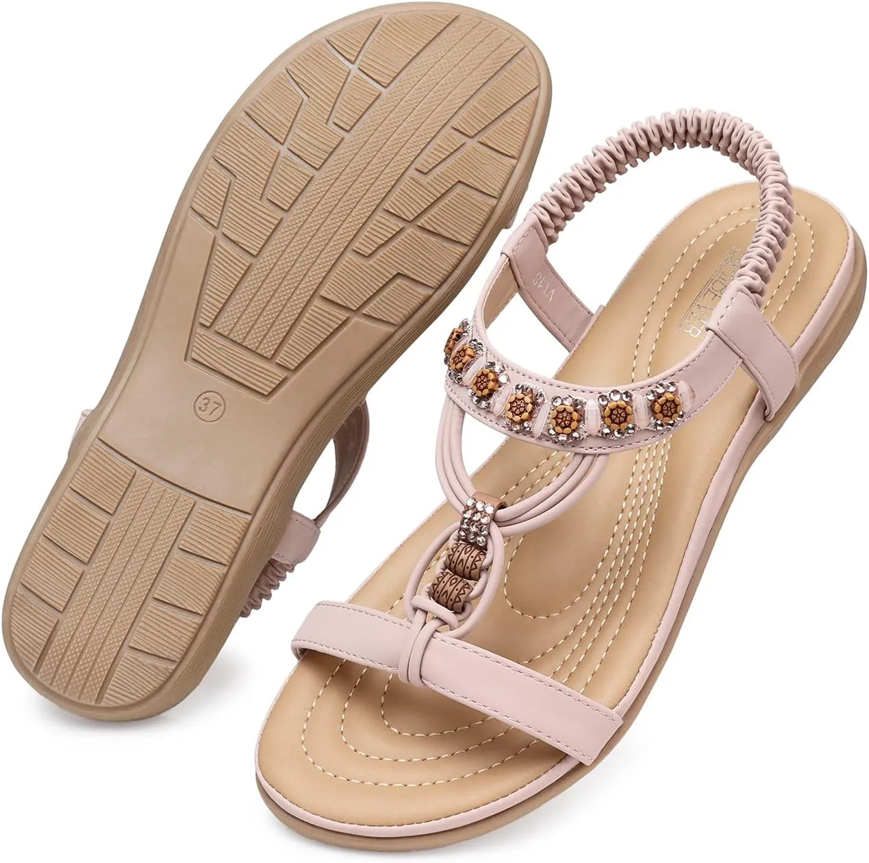 SHIBEVER Womens Sandals Summer Bohemian Flat Sandals Shoes with Elastic Strap Dressy Sandal