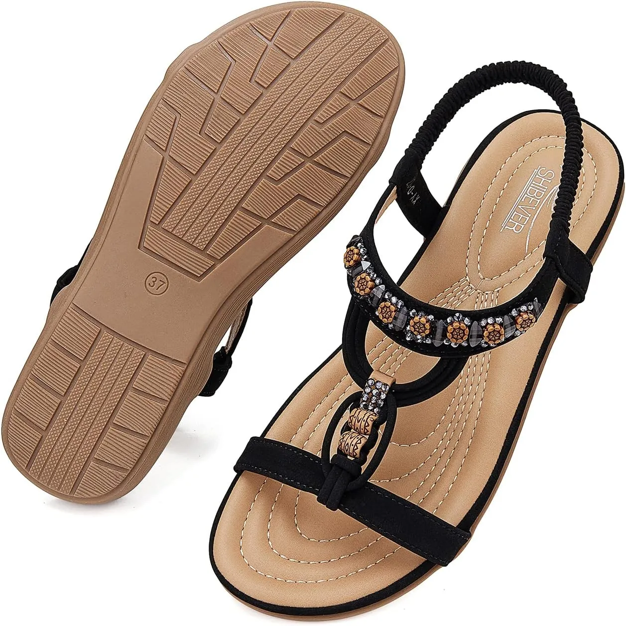 SHIBEVER Womens Sandals Summer Bohemian Flat Sandals Shoes with Elastic Strap Dressy Sandal