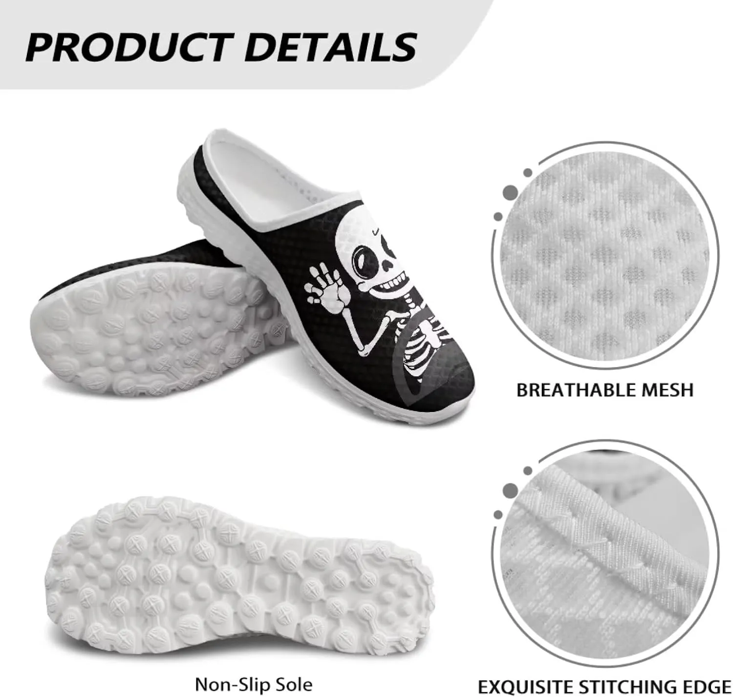 Skull Print Mule Shoes for Women Slip on Fashion Loafers Arch Support Walking Shoes Classic Low Top Sneaker