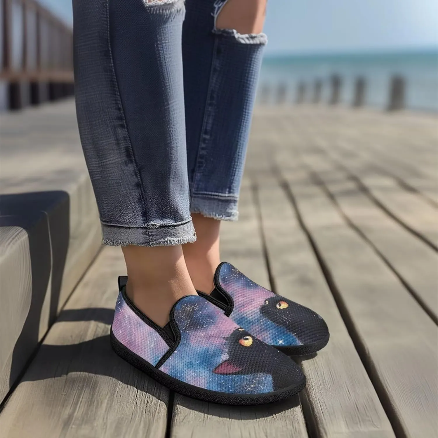 Slip On Casual Flats for Women Breathable Loafers Wide Toe Walking Shoes Laides Fashion Round Toe Art Painted Travel Shoes SizeUS 6-11