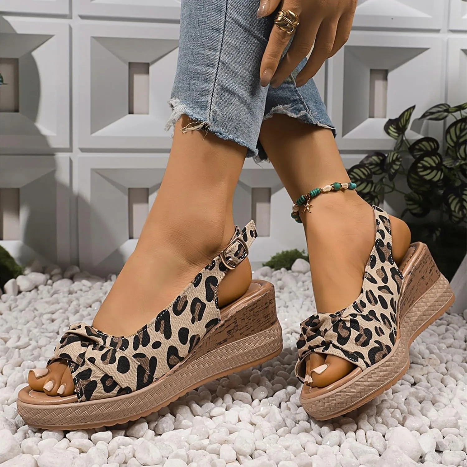 Slip On Wedge Sandals for Women Summer Dressy Comfortable Open Toe Platform Chunky Heel Wedge Ankle Strap Espadrilles Sandals Casual Boho Beach Sandals Ladies Wedges Walking Shoes