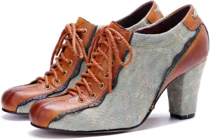 SOCOFY Women Leather Pumps, Womens Colorful Vintage Block Heel Oxford Vintage Shoes Anti Slip Pumps Dress Shoes Winter Ankle Boots Women's Handmade Lace Up Boots for Wedding Party