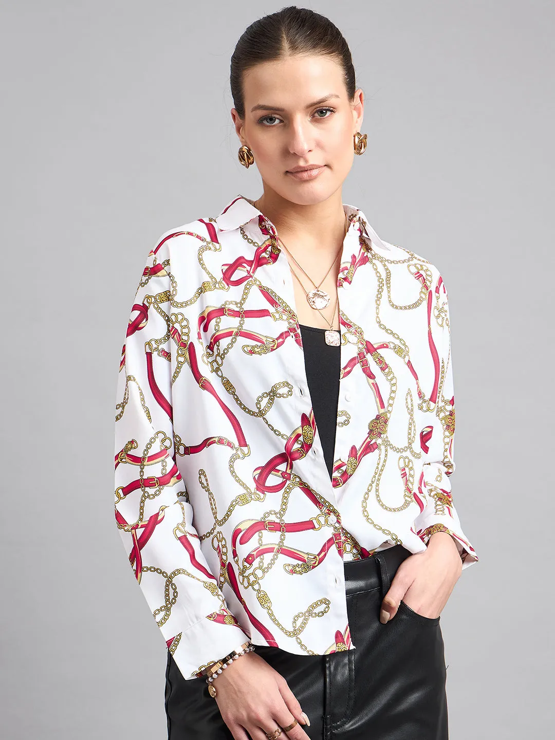 Style Quotient Women Off White and Multi Printed Polycrepe Regular Shirt