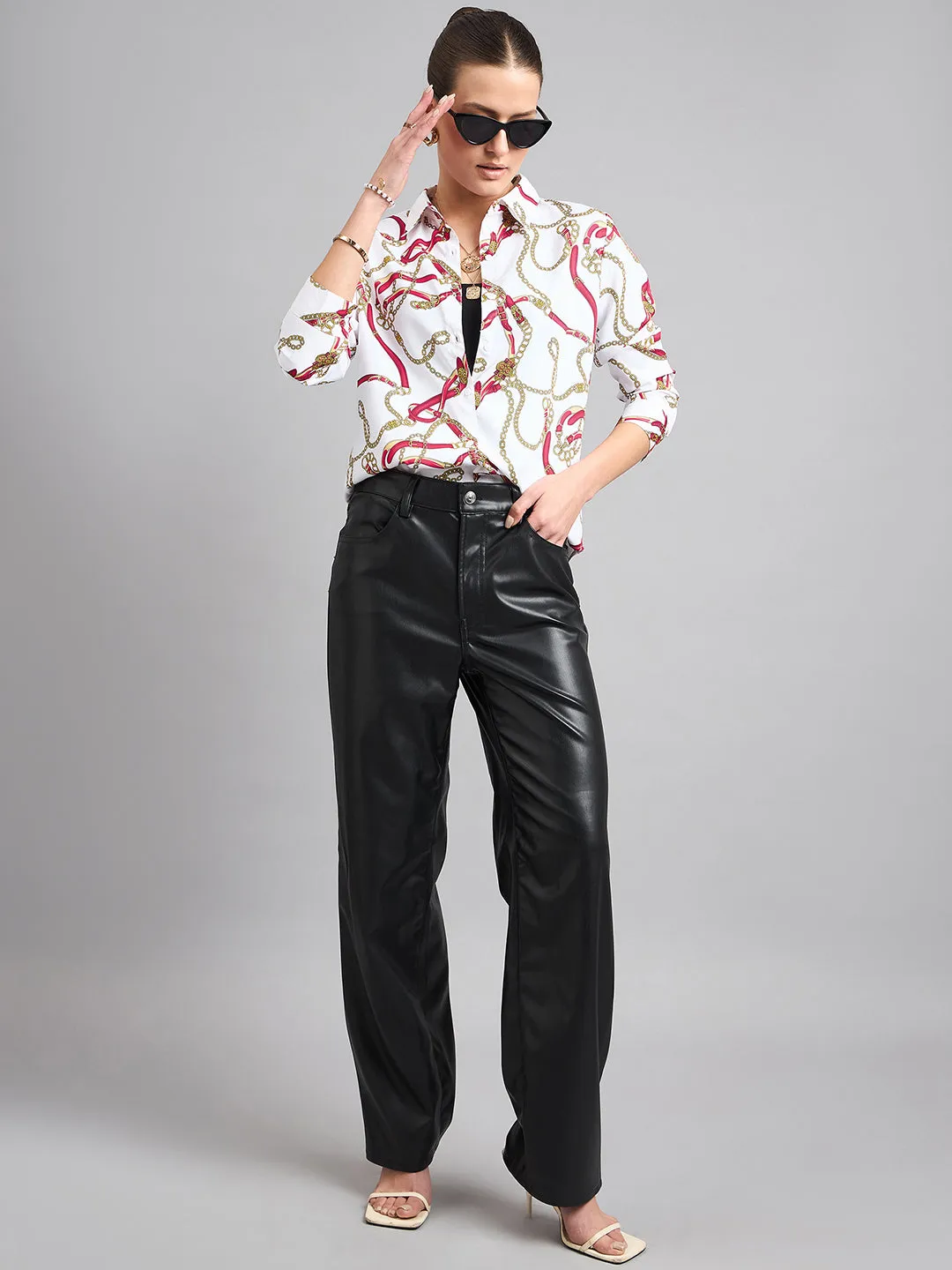 Style Quotient Women Off White and Multi Printed Polycrepe Regular Shirt