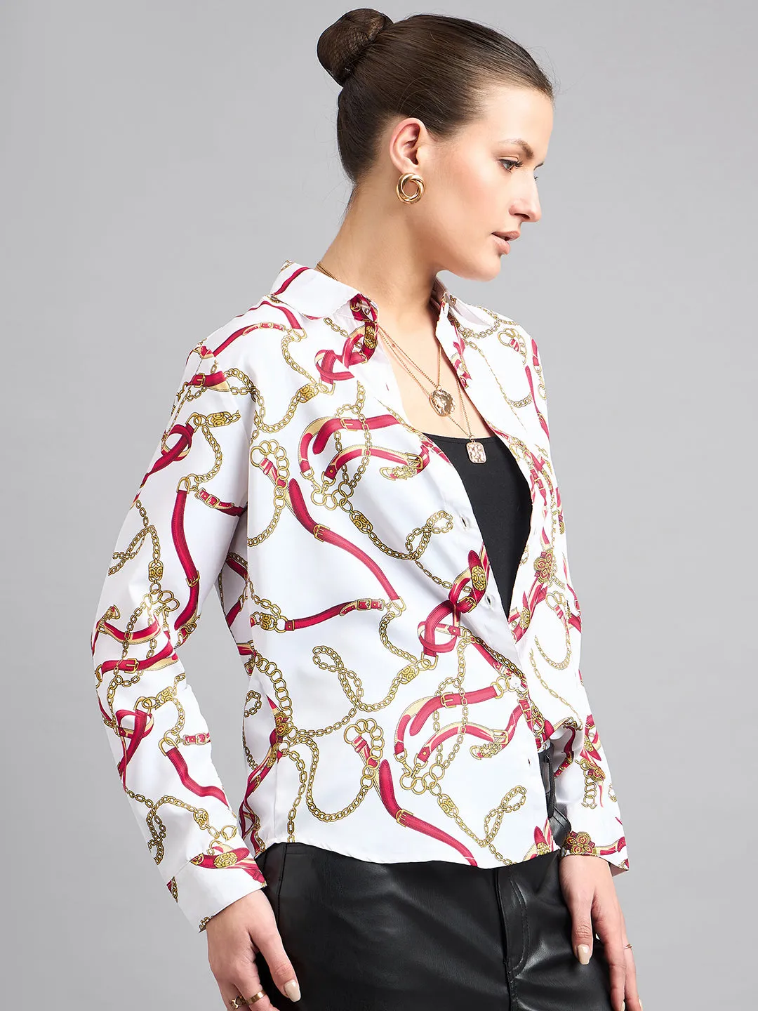 Style Quotient Women Off White and Multi Printed Polycrepe Regular Shirt