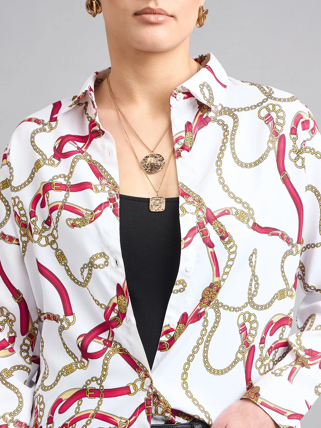 Style Quotient Women Off White and Multi Printed Polycrepe Regular Shirt