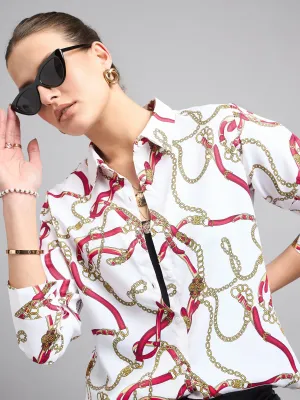 Style Quotient Women Off White and Multi Printed Polycrepe Regular Shirt