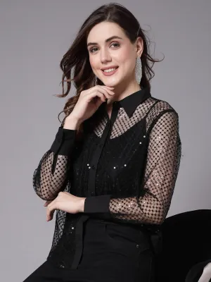 Style Quotient Women Self Design Black Sequin Party Shirt