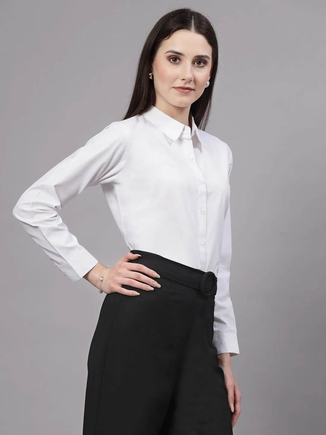 Style Quotient Women Self Design White polycotton Formal Shirt