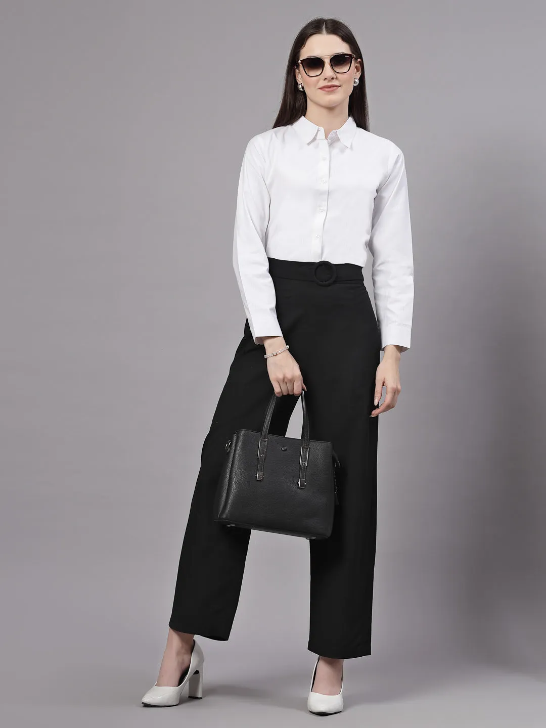 Style Quotient Women Self Design White polycotton Formal Shirt