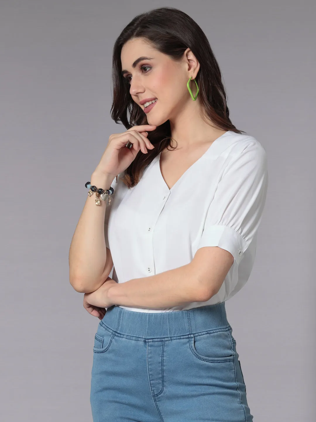 Style Quotient Women Solid White Polyester Smart Casual Shirt