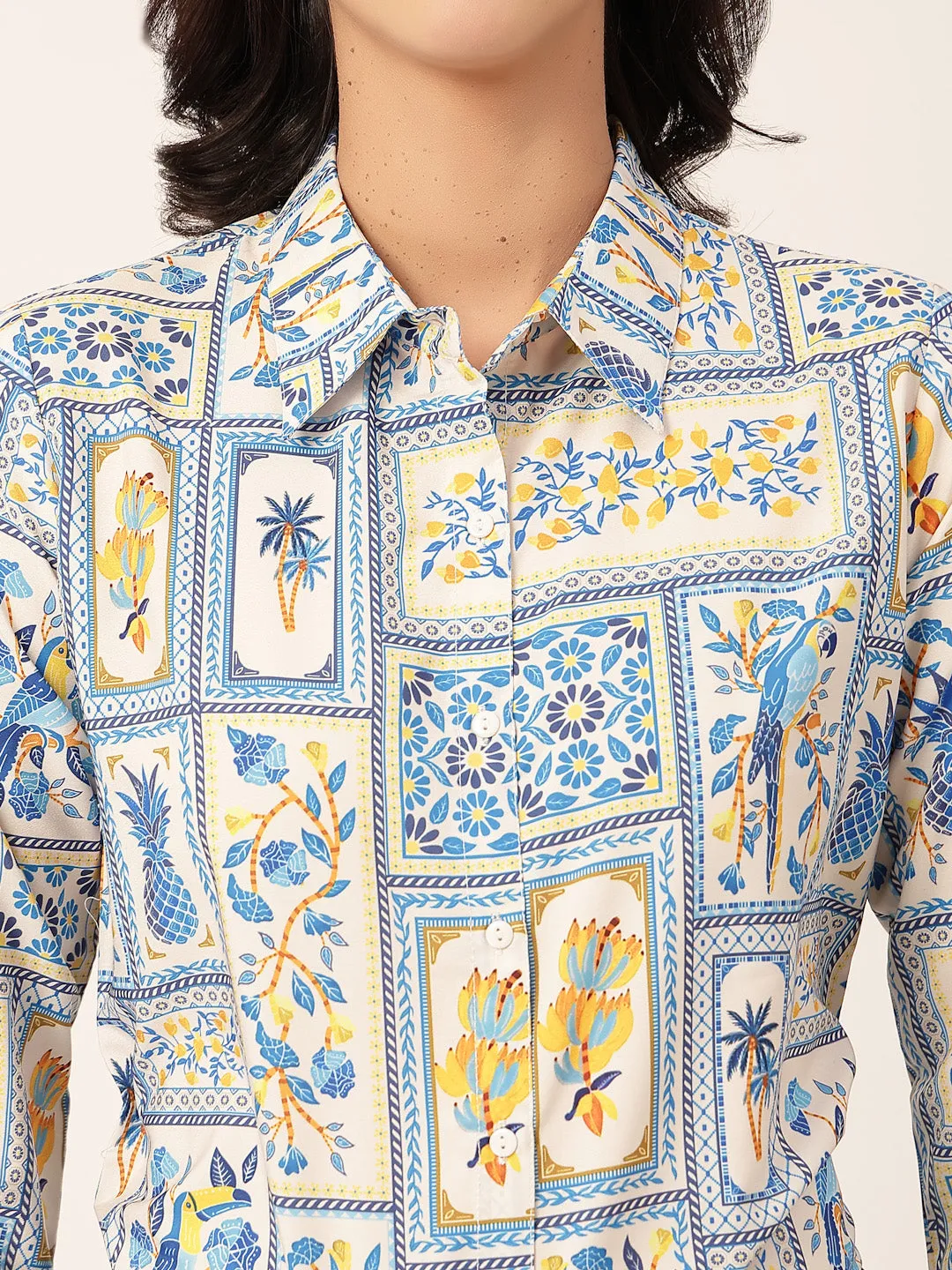 Style Quotient Women White Multi Polycrepe Printed Casual Shirt