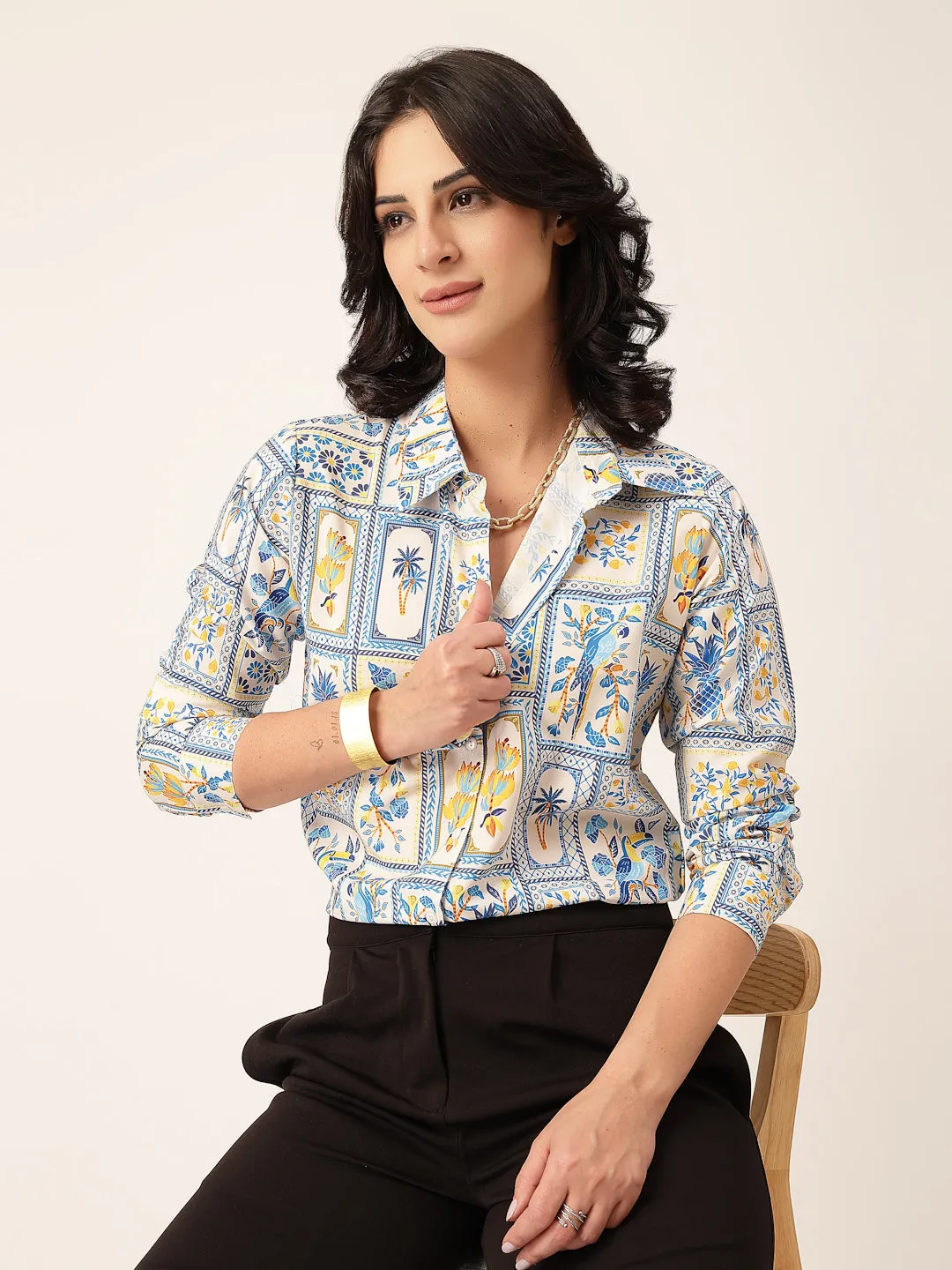 Style Quotient Women White Multi Polycrepe Printed Casual Shirt