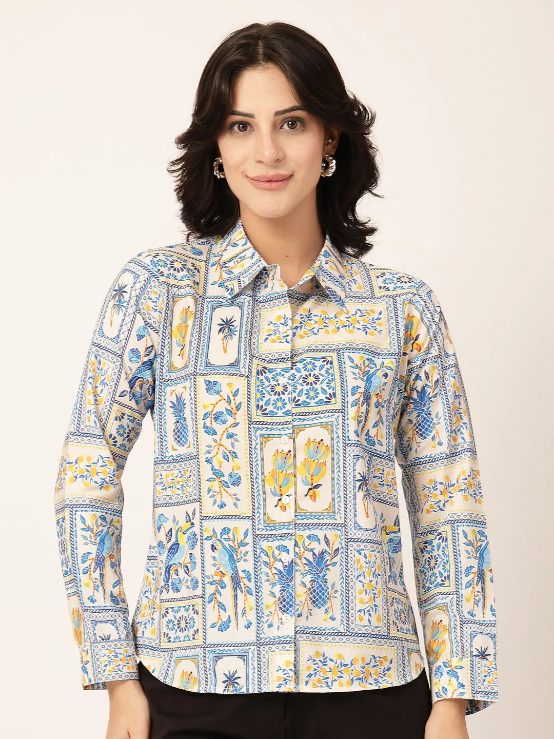 Style Quotient Women White Multi Polycrepe Printed Casual Shirt