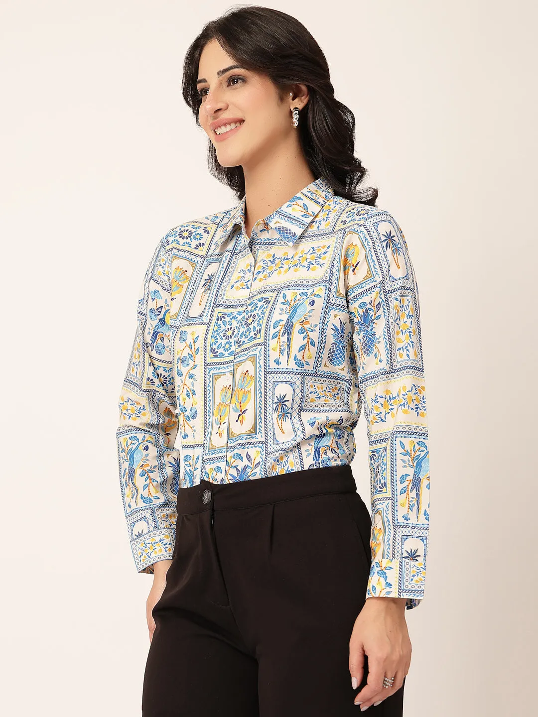 Style Quotient Women White Multi Polycrepe Printed Casual Shirt