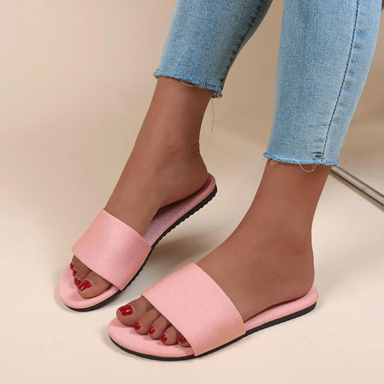 SuanlaTDS Flat Sandals for Women 2025 One Band Open Toe Dressy Flats Summer Slides Casual Party Cute Beach Slippers Breathable Slip-on Low Heel Boho Sexy Comfortable Outdoor Walking Shoes