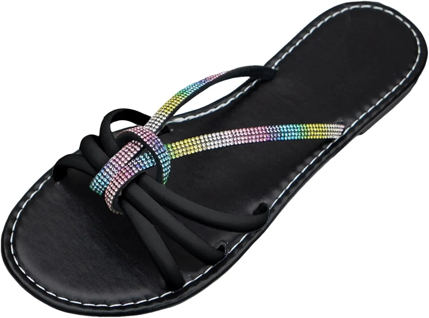 SuanlaTDS Flat Summer Sandals for Women 2025, Rhinestones Strap Dressy Beach Comfortable Low Heel Glitter Slides Slippers Slip-on Boho Wedding Shoes Open Toe Walking Bohemian Outdoor Party Sandal