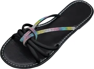 SuanlaTDS Flat Summer Sandals for Women 2025, Rhinestones Strap Dressy Beach Comfortable Low Heel Glitter Slides Slippers Slip-on Boho Wedding Shoes Open Toe Walking Bohemian Outdoor Party Sandal