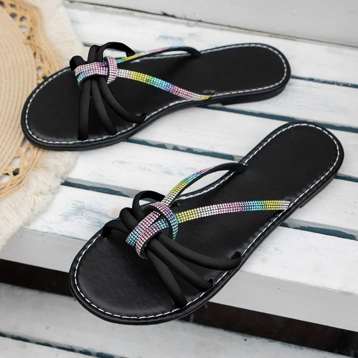 SuanlaTDS Flat Summer Sandals for Women 2025, Rhinestones Strap Dressy Beach Comfortable Low Heel Glitter Slides Slippers Slip-on Boho Wedding Shoes Open Toe Walking Bohemian Outdoor Party Sandal