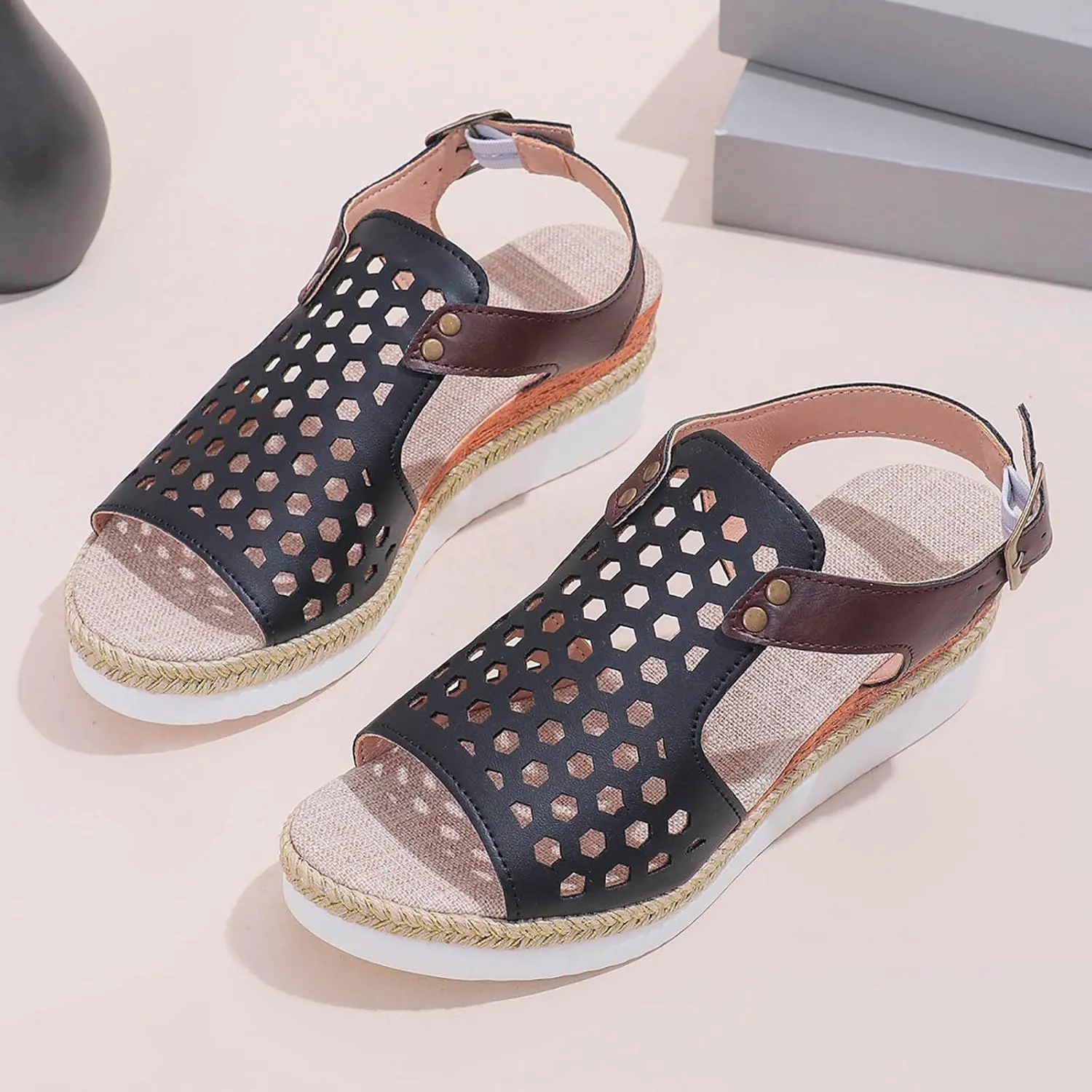 SuanlaTDS Sandals Women Wedge Platform Espadrilles Hollow Out Open Toe Slip On Bohemian Beach Sandals Comfortable Outdoor Walking Casual Summer Ankle Strap High Heels Party Dress Shoes
