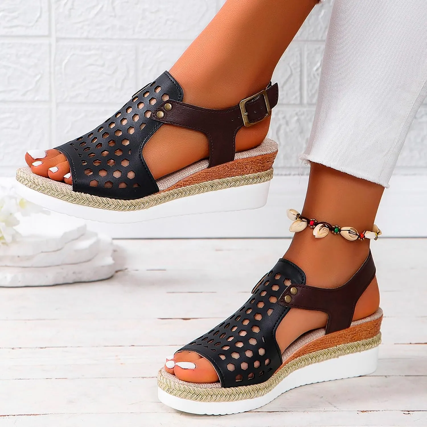 SuanlaTDS Sandals Women Wedge Platform Espadrilles Hollow Out Open Toe Slip On Bohemian Beach Sandals Comfortable Outdoor Walking Casual Summer Ankle Strap High Heels Party Dress Shoes