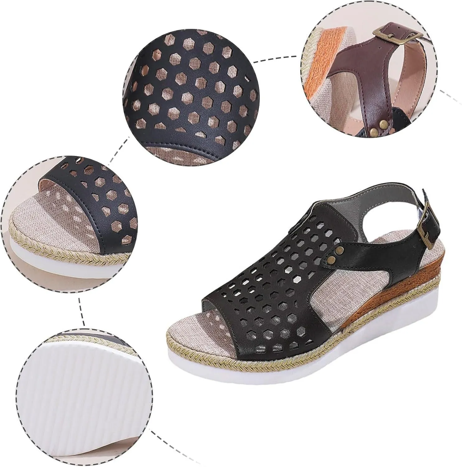 SuanlaTDS Sandals Women Wedge Platform Espadrilles Hollow Out Open Toe Slip On Bohemian Beach Sandals Comfortable Outdoor Walking Casual Summer Ankle Strap High Heels Party Dress Shoes