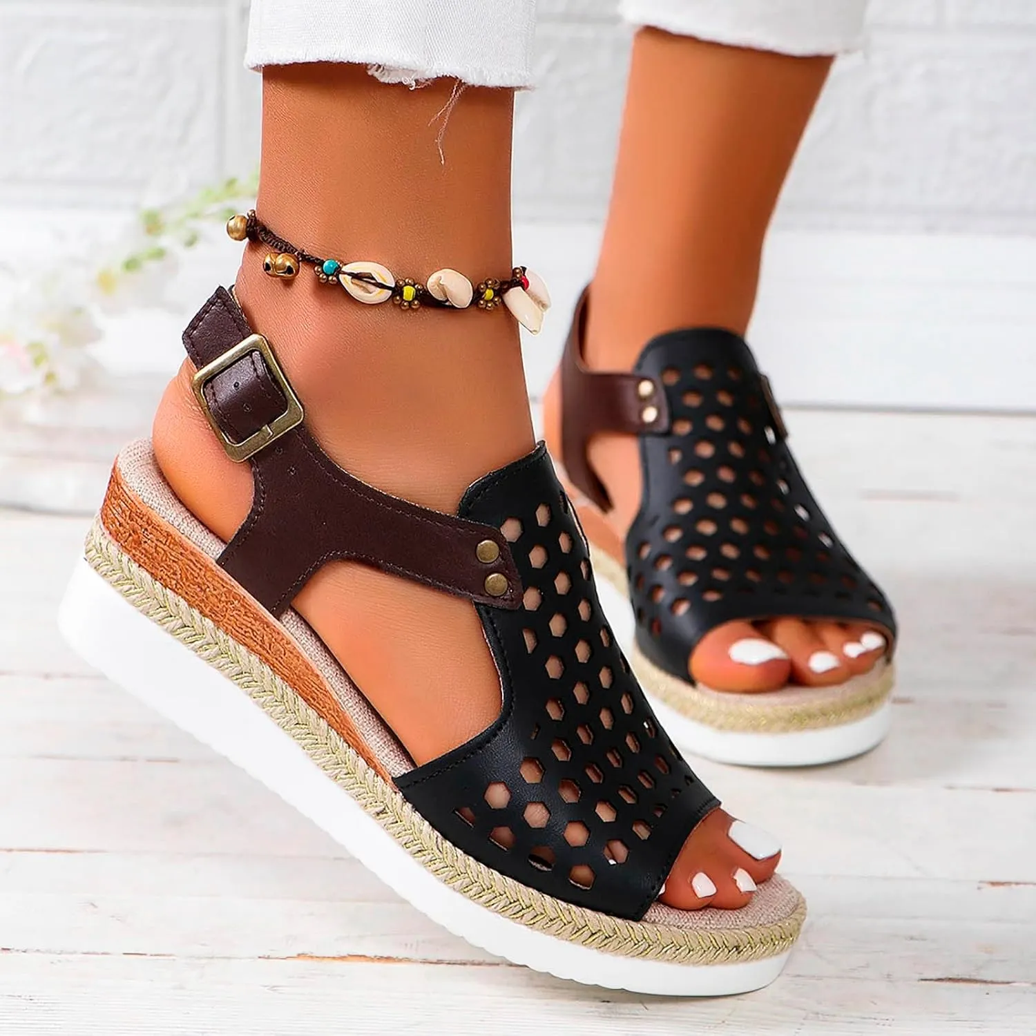SuanlaTDS Sandals Women Wedge Platform Espadrilles Hollow Out Open Toe Slip On Bohemian Beach Sandals Comfortable Outdoor Walking Casual Summer Ankle Strap High Heels Party Dress Shoes
