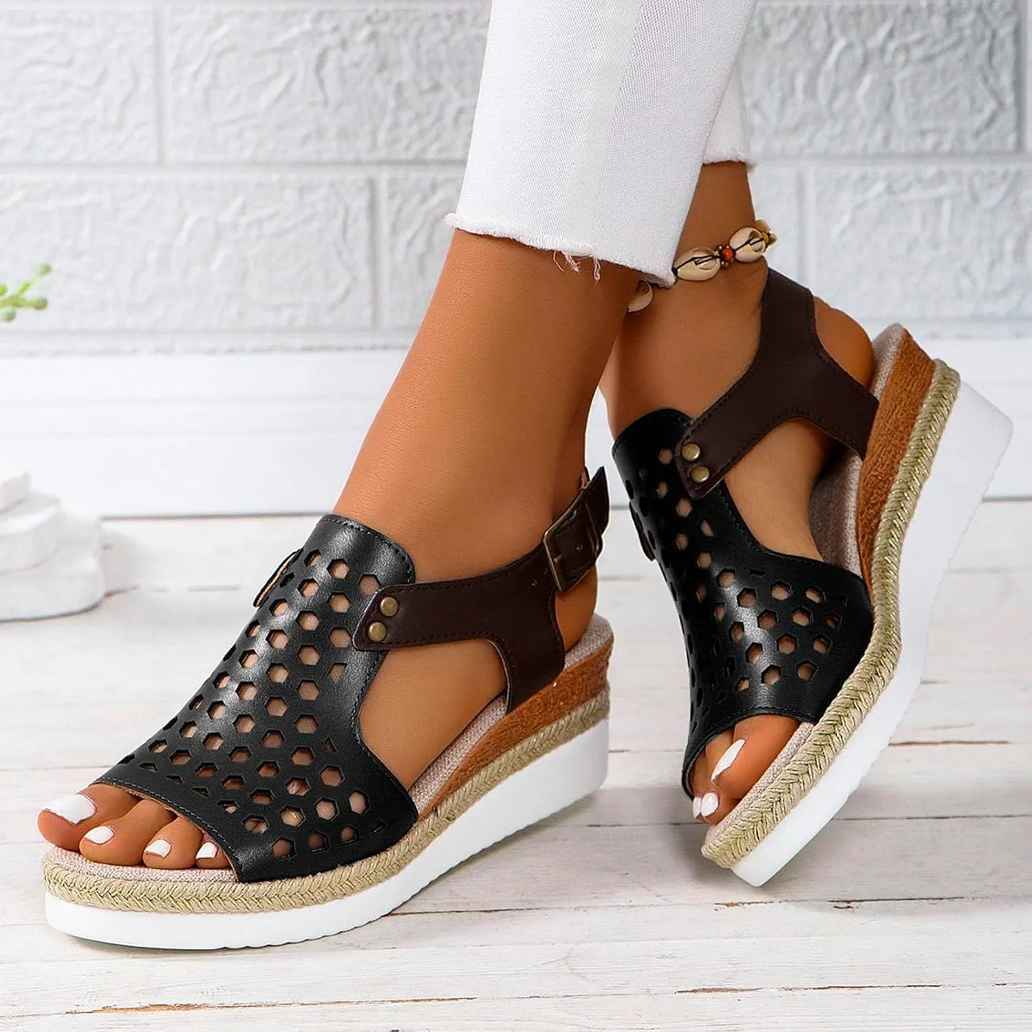 SuanlaTDS Sandals Women Wedge Platform Espadrilles Hollow Out Open Toe Slip On Bohemian Beach Sandals Comfortable Outdoor Walking Casual Summer Ankle Strap High Heels Party Dress Shoes