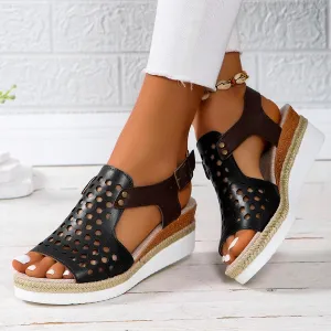 SuanlaTDS Sandals Women Wedge Platform Espadrilles Hollow Out Open Toe Slip On Bohemian Beach Sandals Comfortable Outdoor Walking Casual Summer Ankle Strap High Heels Party Dress Shoes