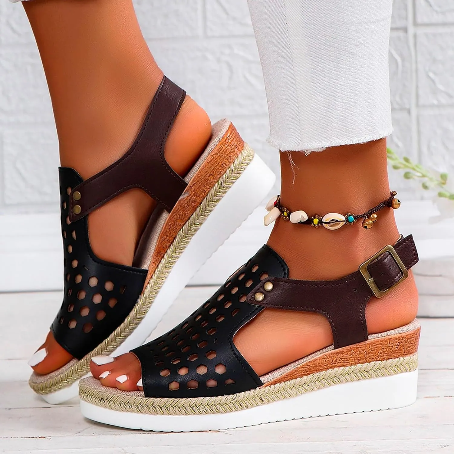 SuanlaTDS Sandals Women Wedge Platform Espadrilles Hollow Out Open Toe Slip On Bohemian Beach Sandals Comfortable Outdoor Walking Casual Summer Ankle Strap High Heels Party Dress Shoes