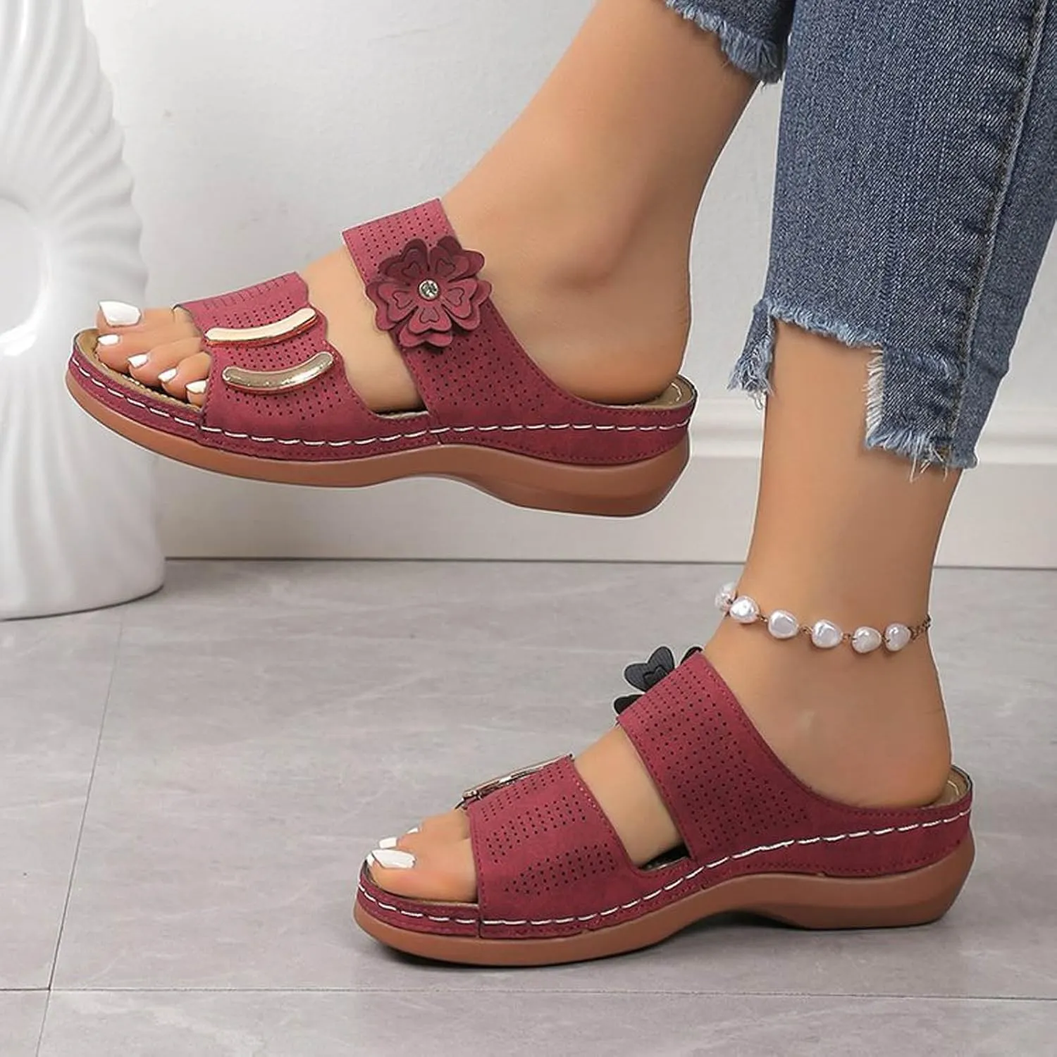 SuanlaTDS Wedge Sandals for Women Orthopedic Summer Dressy 2025 Comfortable Low Heels Arch Support Open Toe Slip On Walking Shoes Casual Outdoor Beach Platform Wedges Slide Sandal