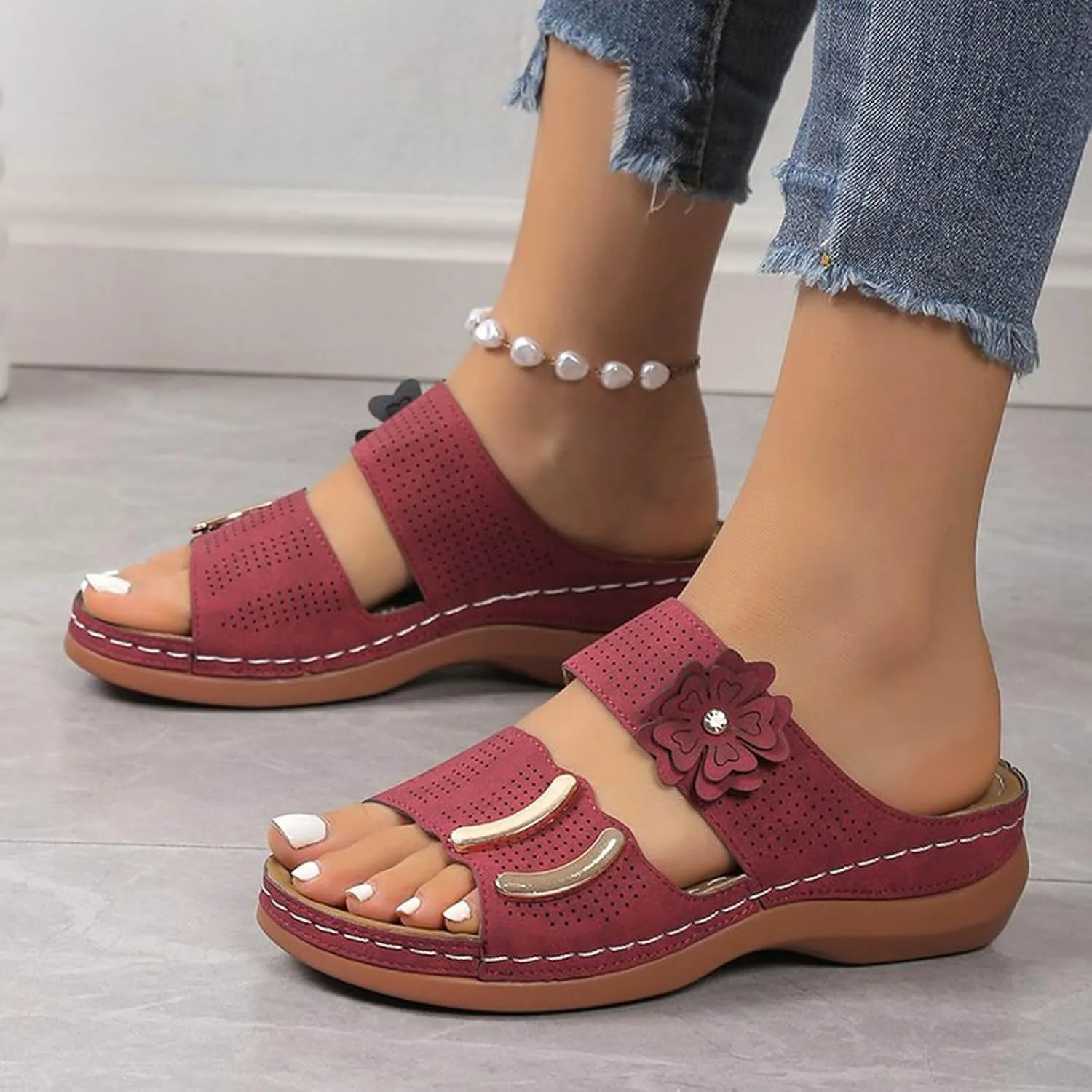 SuanlaTDS Wedge Sandals for Women Orthopedic Summer Dressy 2025 Comfortable Low Heels Arch Support Open Toe Slip On Walking Shoes Casual Outdoor Beach Platform Wedges Slide Sandal