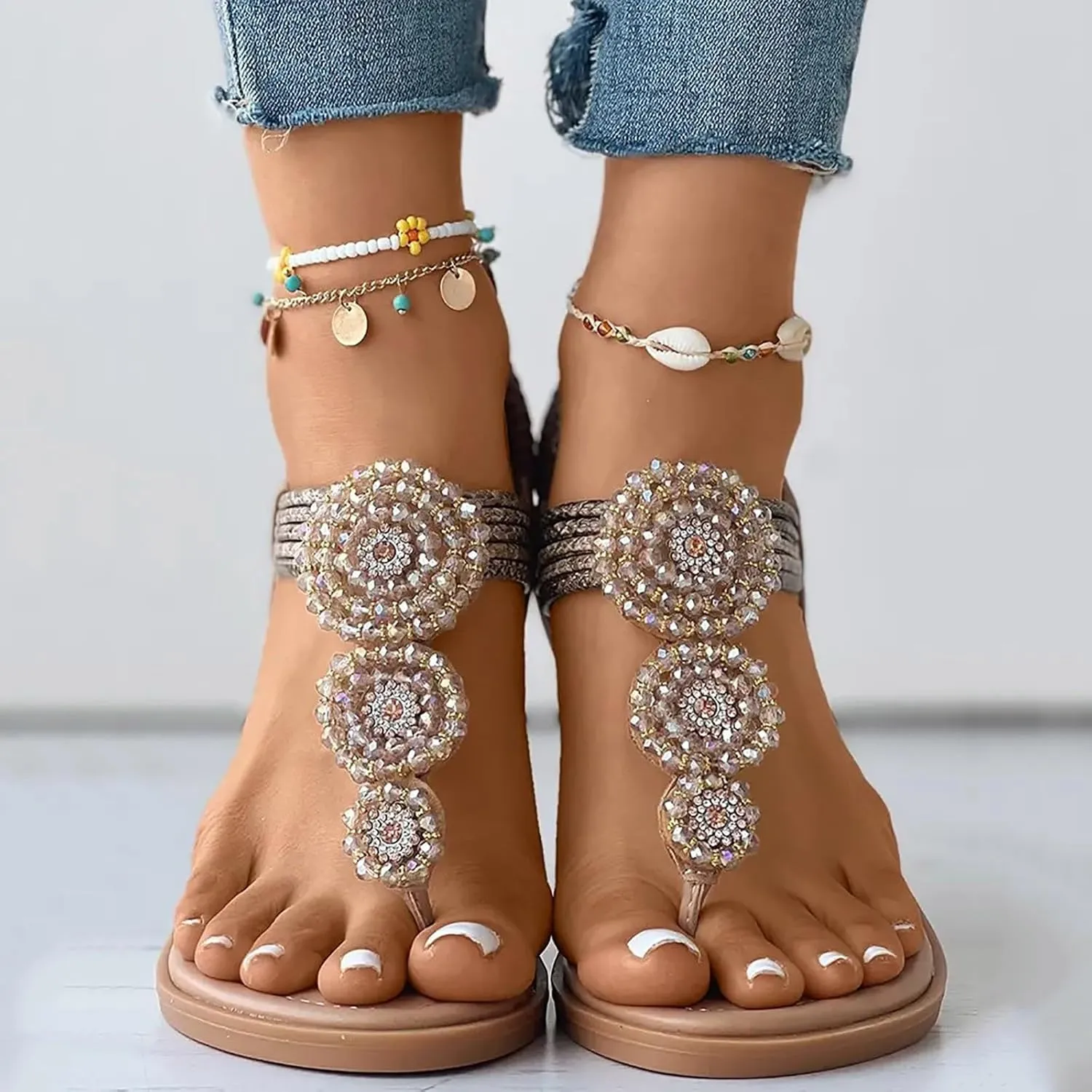 SuanlaTDS Womens Flat Sandals Dressy Summer Beach Shoes Comfortable Low Heel Slides Open Toe Walking Outdoor Boho Casual Elastic Strap Slip On Slide Sandal Flats for Party Vacation