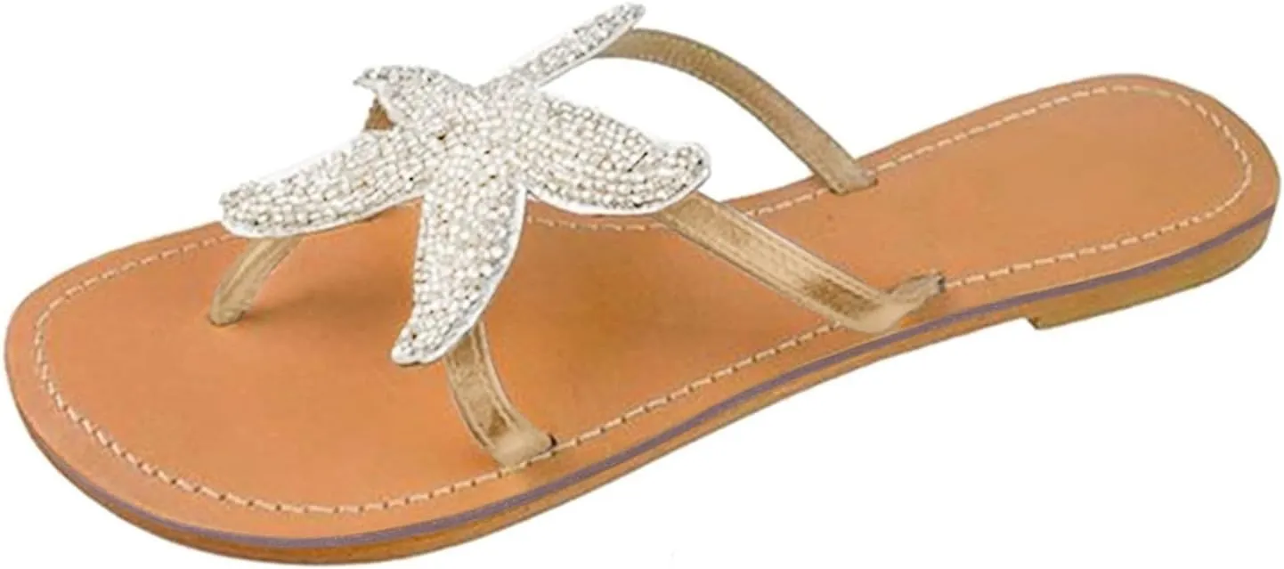 SuanlaTDS Womens Flat Sandals Dressy Summer Flip Flops 2025 Comfortable Bohemian Wide Width Casual Beach Walking Shoes Thong Rhinestones Slip-on T-Strap Sexy Slippers Boho Low Heel Slides Sandal