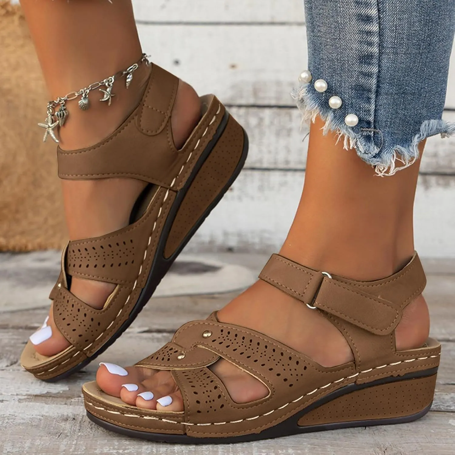 SuanlaTDS Women's Wedge Orthopedic Sandals with Arch Support Comfortable 2025 Casual Low Heel Dressy Adjustable Ankle Strap Summer Open Toe Platform Boho Beach Cute Outdoor Walking Shoes