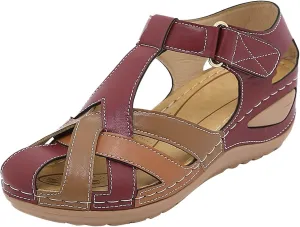 SuanlaTDS Womens Wedge Sandals Dressy Summer Closed Toe Platform Arch Support Vintage Casual Hollow Out Orthopedic Sandals Bohemian Ladies Wedges Heels Comfortable Beach Shoes