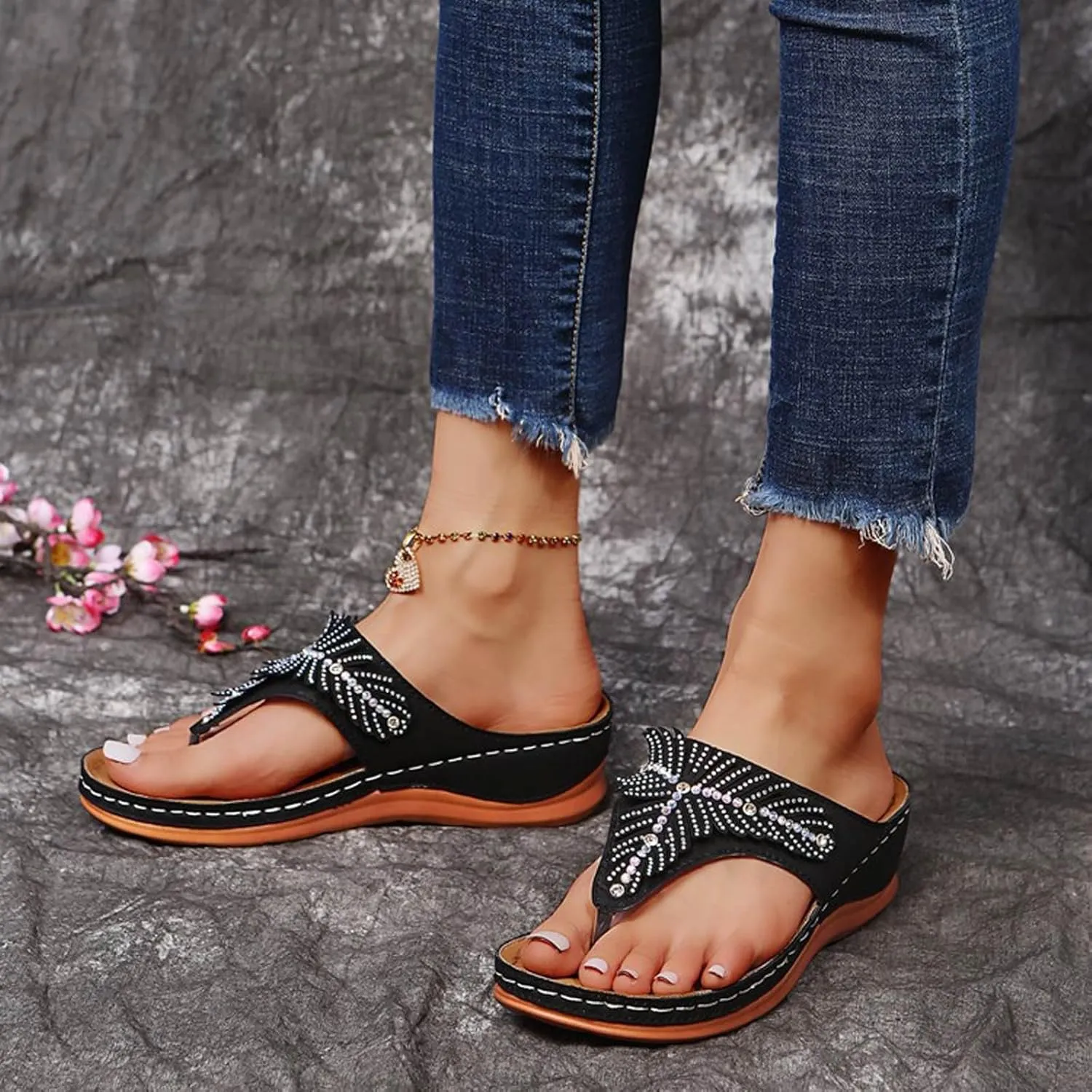 SuanlaTDS Women's Wedge Sandals Platform Comfortable Flip Flops Rhinestone Open Toe Thong Arch Support Comfort Beach Boho Slip On Orthopedic Sandals Elegant High Heels Dress Party Shoes